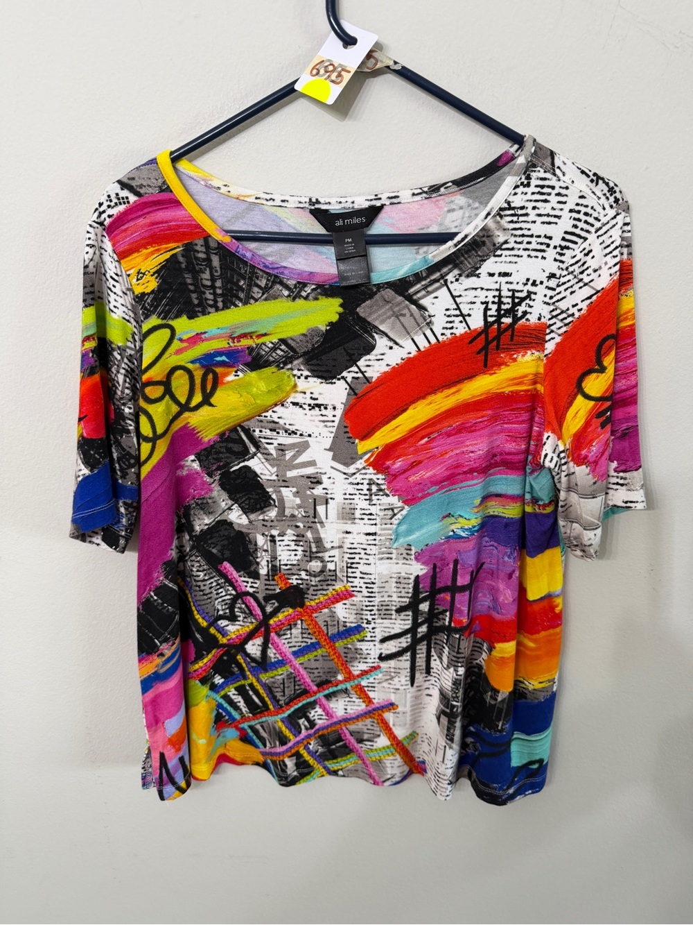 Ali Miles Multi-Color Abstract Scoop Neck Tee with Bright Brushstrokes Size PM